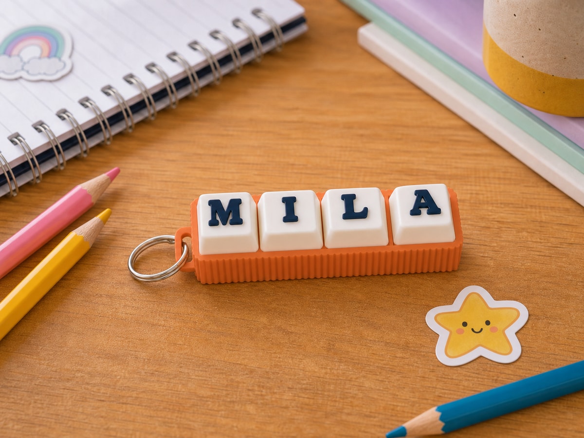 An orange personalised clicker spelling MILA in a desk-themed scene.