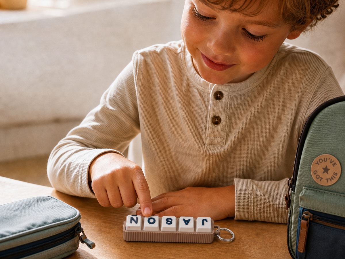 A latte brown personalised clicker spelling JASON in a soft learning-themed scene.