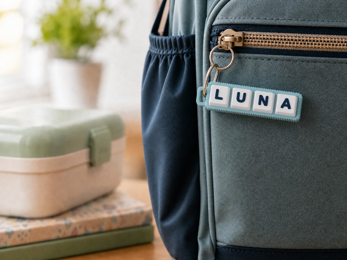 An ice blue personalised clicker spelling LUNA in a school bag-themed scene.